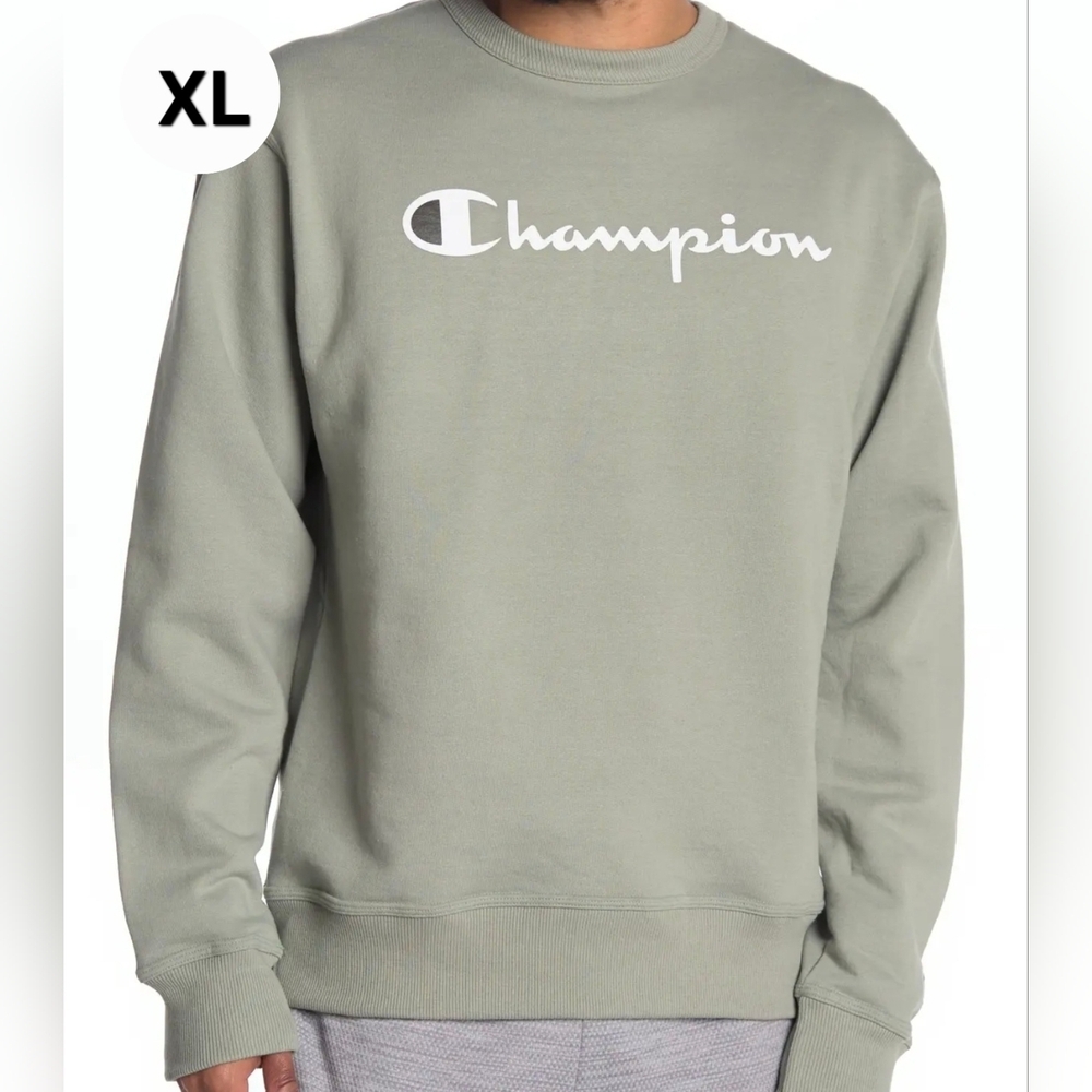 Champion Powerblend Graphic Crew Neck Sweatshirt In Ecology Green XL